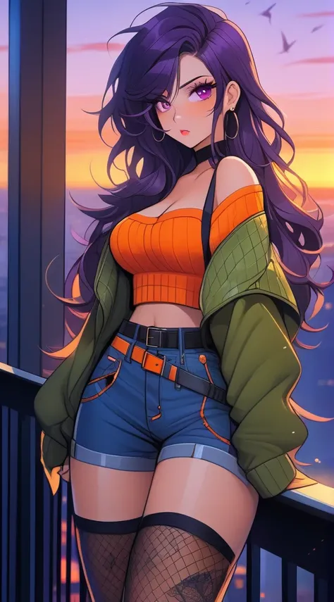 (masterpiece), high-definition, vibrant colors, girl, big boobs, big hips, pouty lips, messy dark purple hair, orange eyes, crop top sweater, jacket, shorts, belt, thong, thigh high stockings, boots, fishnet, balcony, leaning on the railing, sunset