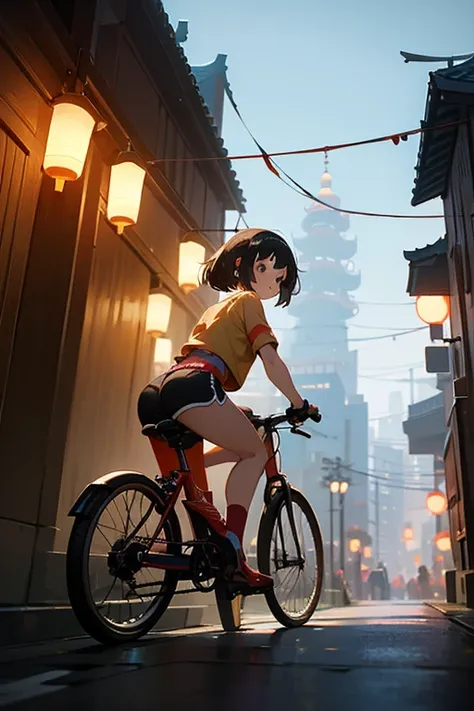 a girl rides a bicycle, dolphin shorts, a group of lanterns hanging from the side of a building, inspired by Goro Fujita, polycount contest winner, oriental scene, kawaii hq render, stunning atmosphere, japanese style painting