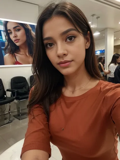 Foto de uma mulher morena de 20 anos, que tem um rosto muito natural,  labios finos, olhos finos, sobrancelhas finas, nariz fino, brincos, long eyelashes. Ela faz uma selfie fofa em shopping  em Roma no cinema,  andando e olhando para o espectador de corpo...