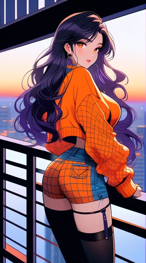 (masterpiece), high-definition, vibrant colors, korean girl, big boobs, big hips, messy dark purple hair, orange eyes, crop top sweater, jacket, shorts, belt, thong, thigh high stockings, boots, fishnet, balcony, leaning on the railing, sunset