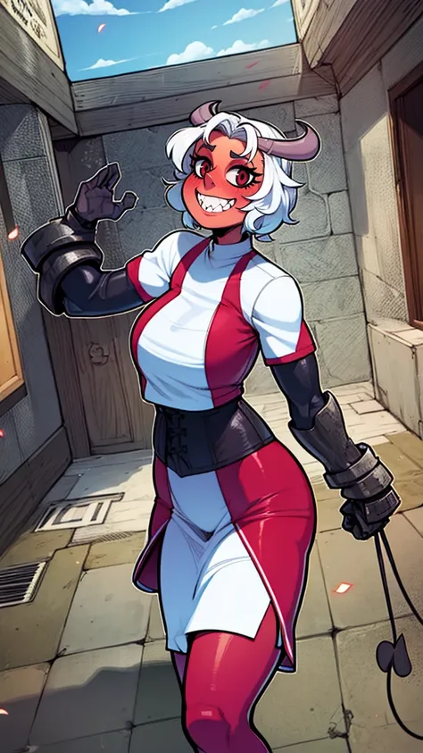 nun, demon girl, walking, bimbo, warpriesstes, silver hair, short hair, sacred gauntlets, long ski, cute smile, pure smile, love...