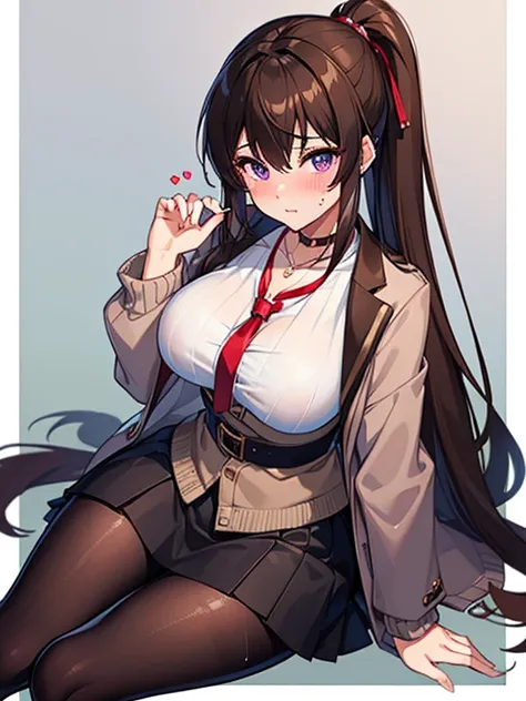 (((highest quality))), 1 girl, brown hair, sweater, jacket, big breasts, purple eyes, long hair, default skin, skirt, pantyhose,...