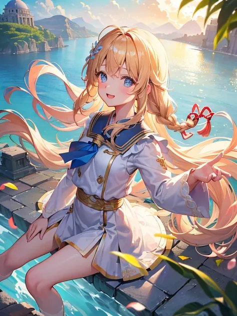 Birds-eye view,(masterpiece)++,(sweet illustration)+,detailed gradient eyes,outdoors, ((無重力、浮かぶ島と城)), scenery, (((above the sky))), above the clouds, sunlight, 1girl, sitting, Light Blue tabard, from back, looking at viewer, medium bob, blonde hair, shiny ...