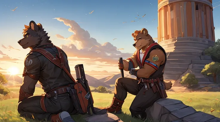 "Masterpiece, Cool Pose, anthro Furry bear, stout fat body, Casual Set, Fierce, Good looking, Smilibg, Breeze wind, Comfortable, Looking To Back, Sitting In Grass, High Ground, Sunset, Hill Background"