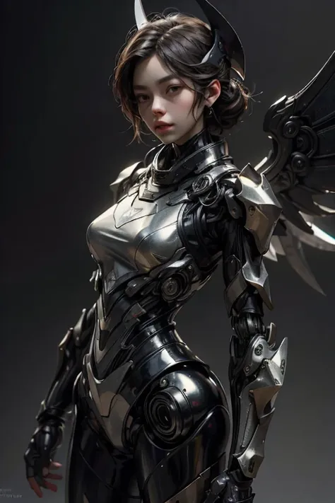 Big silver female robot, Huge wings of light, Large sword, shiny metallic body, brave,, Masterpiece, best quality, best quality, miraculous, Beautifully detailed eyes, Very detailed CG unity 8k wallpaper.,