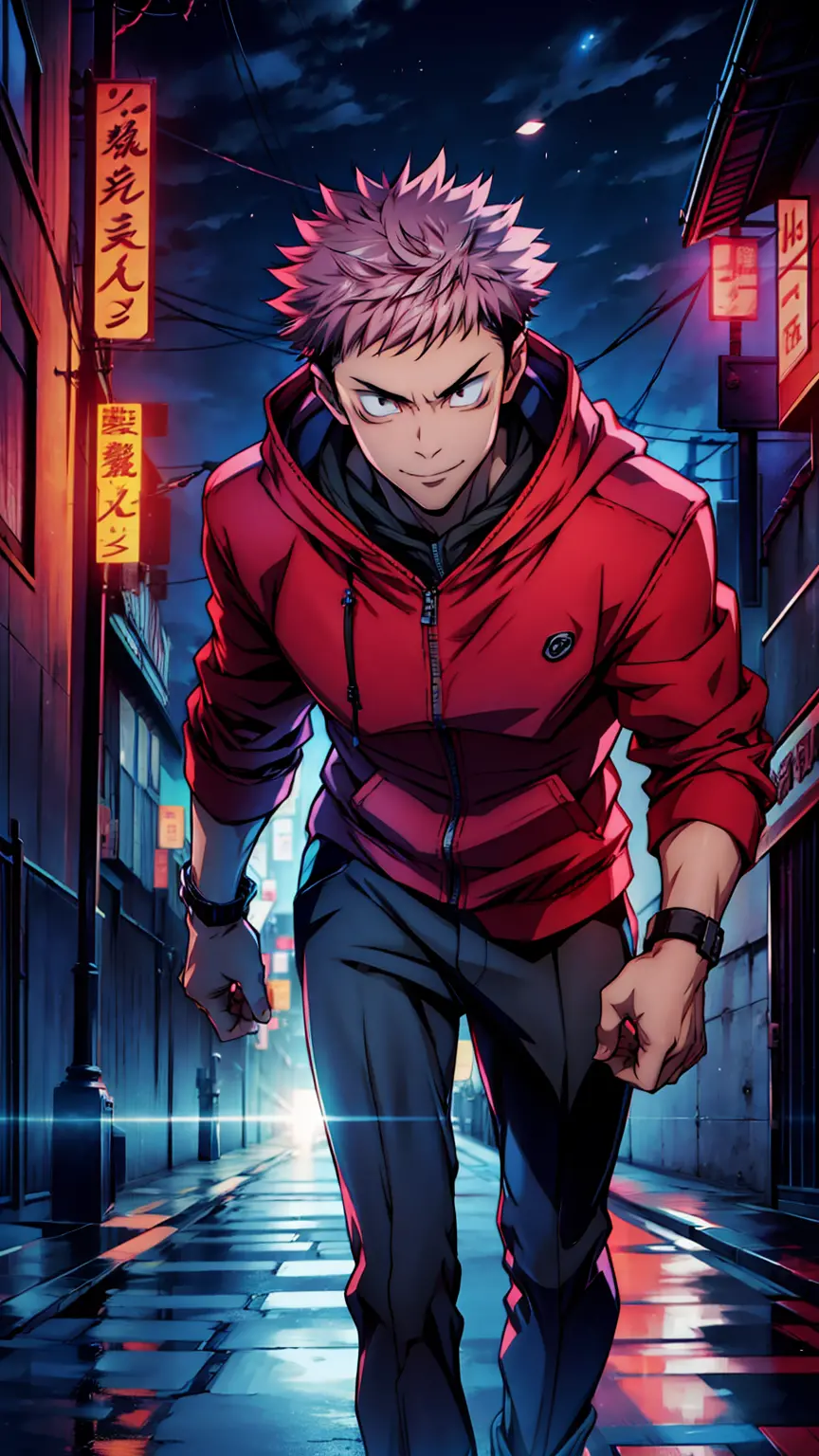 1boy, full body shot, 173 cm,perfect hand and fingers, itadori yuuji, black outfit, pink hair, look at sky, smirk, red and dark moon city night background, wallpaper, cinematic,High resolution 8K, Bright light illumination, lens flare, sharpness, masterpie...