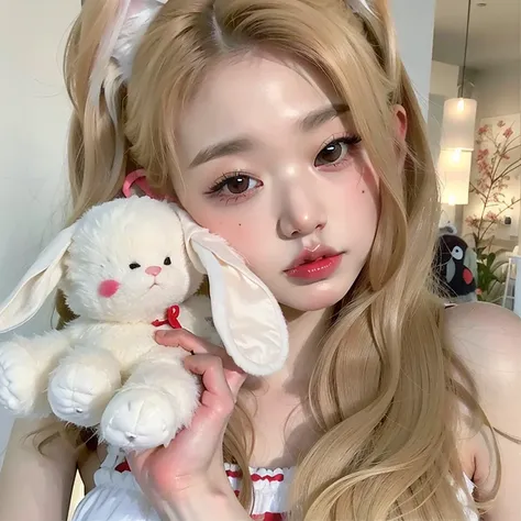 araffe girl with long blonde hair holding a stuffed conejito, ultrarealistic sweet conejito girl, shikami, parque roseanne de blackpink, sakimichan, jennie rosa negro, cute fumo plush conejito girl, conejo_conejito, with long floppy conejo ears, chiho, con...