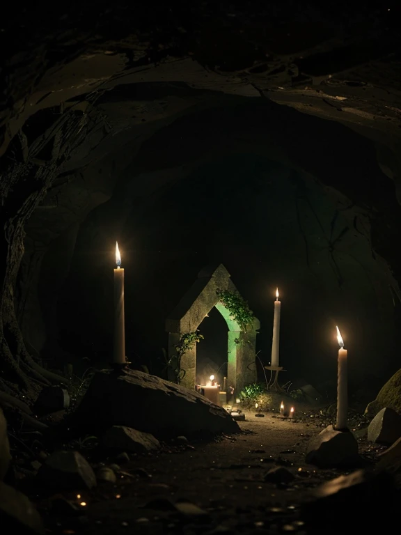 A front view, candles are lit under a cave in front of a tree with a heart carved into it, under ground grunge fairy shrine with dark green theme colors, underwater shrine, graveside, unreal engine romantic theme, album art, grave, dark fantasy ambient fil...