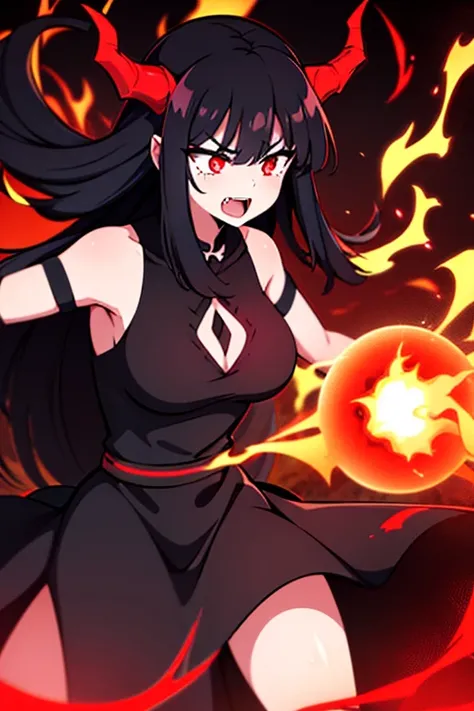 woman demon, raging fury, long black hair, black demonic dress, burning village, demon horns, red glowing eyes