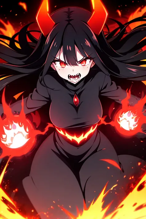 woman demon, raging fury, long black hair, black demonic dress, burning village, demon horns, red glowing eyes