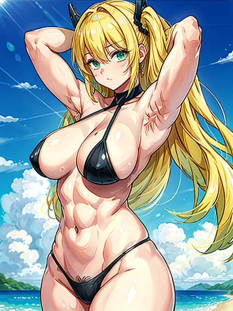 （（（masterpiece、Highest image quality、highest quality、highly detailed unity 8ｋwallpaper）））、（（Illustration of one girl））、（（（beautiful girl）））、（（blonde、pixie cut：1.2、two side up、sidelocks、green eyes））、（（（tall、stocky build, thickset physique：1.3, muscular legs...