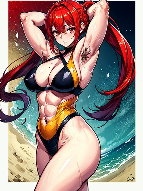 （（（masterpiece、Highest image quality、highest quality、highly detailed unity 8ｋwallpaper）））、（（Illustration of one girl））、（（（beautiful girl）））、（（red hair、Braid、sidelocks：1.2、red eyes））、（（（stocky build：1.2, thickset physique：1.3, muscular legs, broad shoulders...