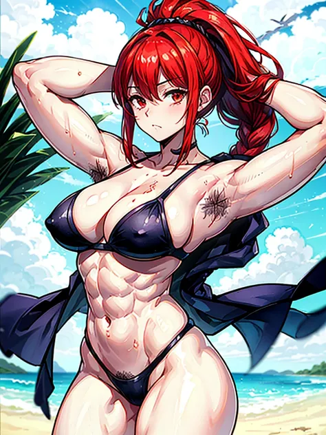 （（（masterpiece、Highest image quality、highest quality、highly detailed unity 8ｋwallpaper）））、（（Illustration of one girl））、（（（beautiful girl）））、（（red hair、Braid、sidelocks：1.2、red eyes））、（（（stocky build：1.2, thickset physique：1.3, muscular legs, broad shoulders...