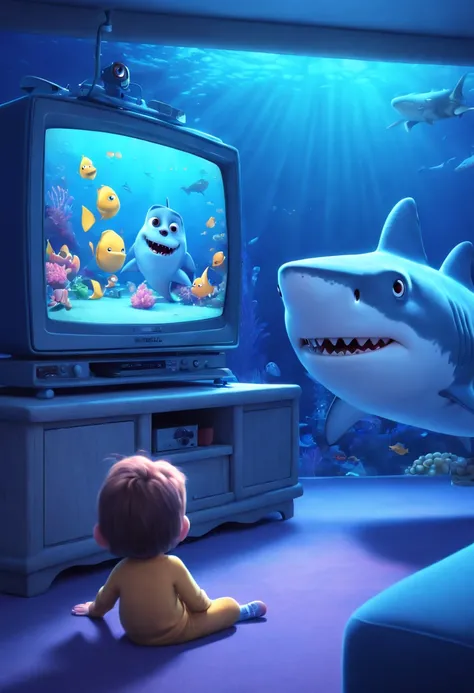 cartoon style, a cute shark watching tv undersea, Pixar style, Disney Style, best quality, masterpiece, 8k