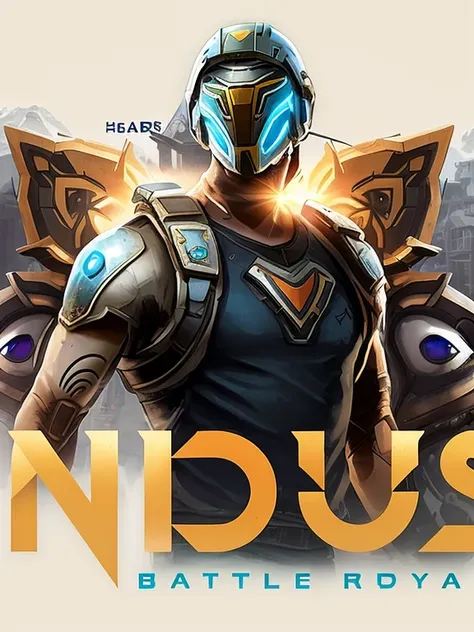 a man in a helmet and vest standing in front of a wall with the words indusus battle royale, indi sulta, ingame image, in style of apex legends, indie game, indigenous, halo / nimbus, nasus, indie, inspired blizzard games, game cover, style of inside game,...