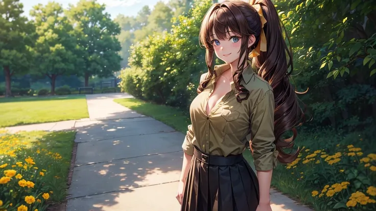 1girl, full body, solo, flowers, trees, brown hair, curly hair, long hair, ponytail, large breasts, button down shirt, ((brown green shirt)), ((unbuttoned shirt)), ((short sleeved shirt)), blue eyes, skirt, smile, looking at the viewer, ((standing)), hair ...