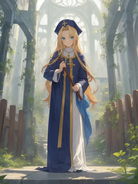 ((Mint Adnade from Tales of phantasia)), 1girl, solo, a priest, 18yo, blond long hair, ((straight hair)), deep blue eyes, Raising bangs, ((Forehead)), blue hat, ((blue long vestment)), have a oak cane, full body shot,
