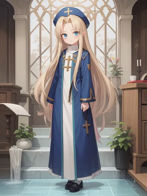 ((Mint Adnade from Tales of phantasia)), 1girl, solo, a priest, 18yo, blond long hair, ((straight hair)), deep blue eyes, Raising bangs, ((Forehead)), blue hat, ((blue long vestment)), have a oak cane, full body shot,
