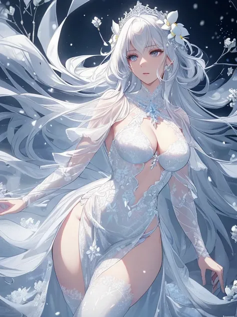 Paradise in Heaven, White lighting,(muste piece), (best quality), (cinematic), 8K, (art station),(長いwhite hairとSilvery eyesを持つ1人の女), (beautiful delicate face)、[Frozen trees々], [landscape crystal], [lighting], [Ethereal Atmosphere:1.1], [fantasy, short stor...