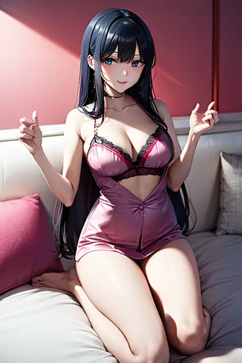 masterpiece, best quality, ((최상의 품질)), ((걸작 작품)), (상세한), 완벽한 얼굴, Black hair, blue eyes,large breast,hot pink lingerie, hot pink underwear, hot pink bra, sexy, smile, a hotel bedroom, cum in pussy, breast milk, sexy, bed,smile