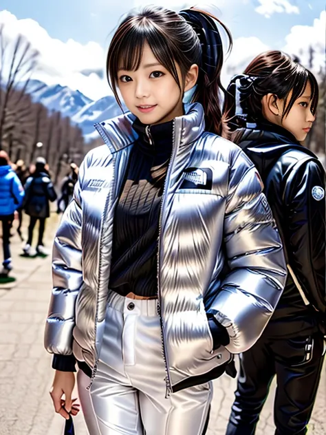 very detailed、masterpiece、Ski Resort Background、a woman in a (white down jacket at northface), white jacket and black pants posing for a picture, model is wearing techtical vest, sportswear, sportswear, かわいいsportswear, nanocarbon-vest, white!!, white coat,...