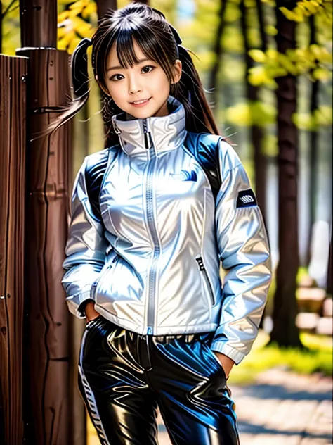 very detailed、masterpiece、Ski Resort Background、a woman in a (white down jacket at northface), white jacket and black pants posing for a picture, model is wearing techtical vest, sportswear, sportswear, かわいいsportswear, nanocarbon-vest, white!!, white coat,...