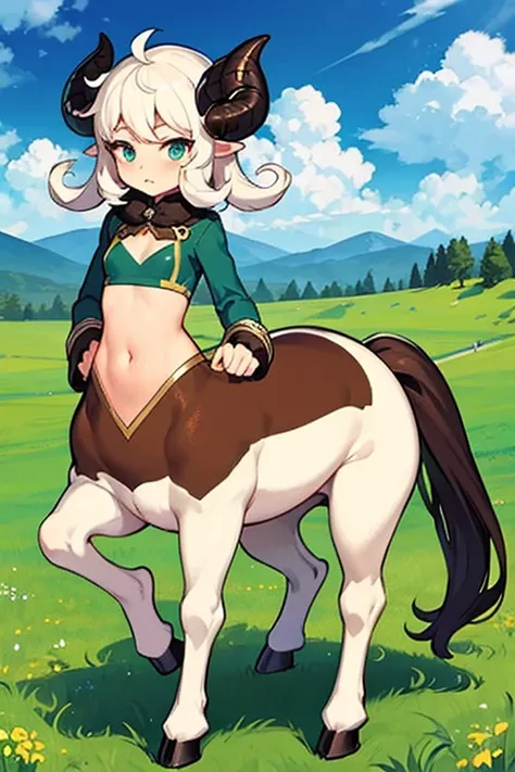 a centaur、The lower body is a sheep、sister、small breasts、sheep horn、grassland、Puzzled