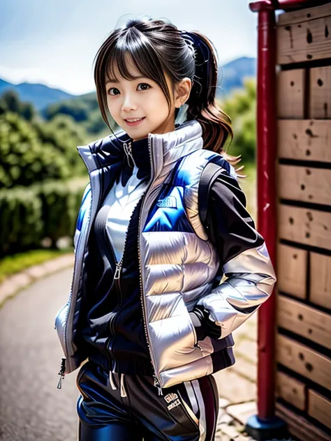 very detailed、masterpiece、Ski Resort Background、a woman in a (white down vest at northface), white jacket and black pants posing for a picture, model is wearing techtical vest, sportswear, sportswear, かわいいsportswear, nanocarbon-vest, white!!, white coat, t...