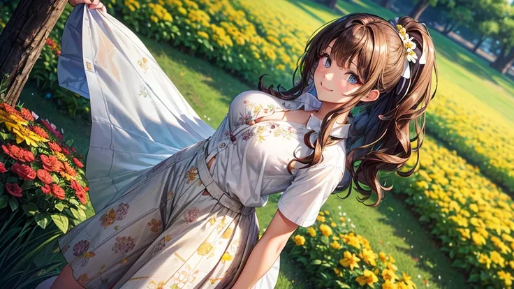 1girl, full body, solo, flowers, trees, brown hair, curly hair, long hair, ponytail, large breasts, button down shirt, ((floral pattern white shirt)), ((unbuttoned shirt)), ((short sleeved shirt)), blue eyes, skirt, smile, looking at the viewer, ((standing...