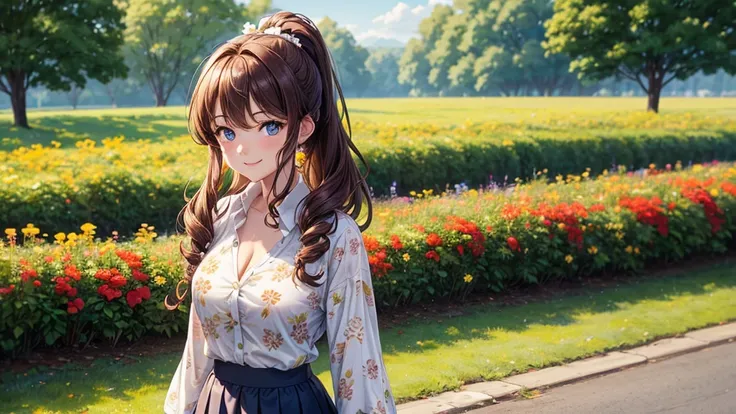 1girl, full body, solo, flowers, trees, brown hair, curly hair, long hair, ponytail, large breasts, button down shirt, cleavage 1:3, ((floral pattern white shirt)), ((unbuttoned shirt)), ((short sleeved shirt)), blue eyes, skirt, smile, looking at the view...