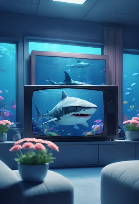 dynamic illustration of a shark cub watching a TV program introducing flowers, underwater home, underwater house, chibi, best quality, masterpiece, 8k