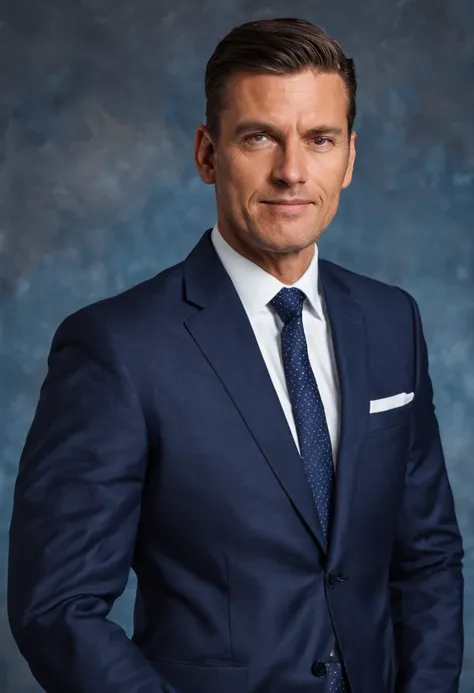 A man in a suit poses for a picture for application photo