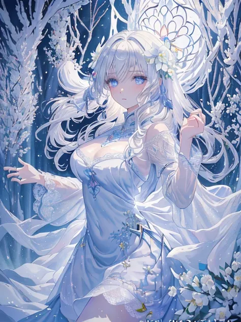 Paradise in Heaven, White lighting,(muste piece), (best quality), (cinematic), 8K, (art station),(長いwhite hairとSilvery eyesを持つ1人の女), (beautiful delicate face)、[Frozen trees々], [landscape crystal], [lighting], [Ethereal Atmosphere:1.1], [fantasy, short stor...