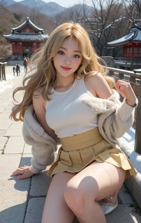 highest quality、masterpiece、ultra high resolution、Photoreal、RAW photo、1 girl、sexy look、shoulder hair、The lower half is curled and sauvage、cute smile like a model、frontage、Hair color is blonde、Tight mini skirt in yellow、Ordinary high heels、eyes are double、w...