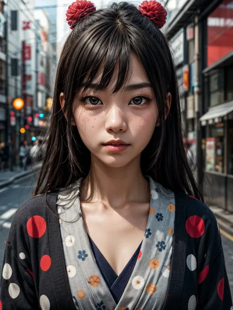 an abstract portrait of a japanese girl centered around polka dot theme