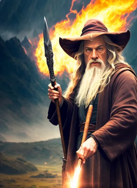 Model shooting style, (extremely detailed 8k wallpaper),Panoramic photo of Gandalf casting a spell, complex, high detail, dramatic, dream world, Excellent location, skin pores, very dark lighting, Heavy shadows, detailed, detailed face, (energetic, photo a...