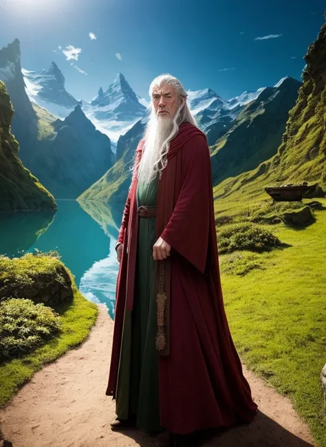 In this model shoot style scene, You can imagine a panoramic photo of Gandalf casting a spell。The graphics are intricate and highly detailed，A world full of drama and fantasy。Model is in a great location，The background environment can highlight her beauty ...