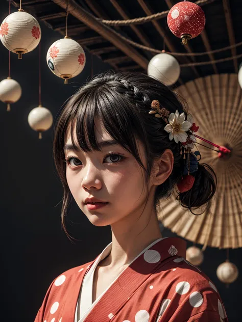 an abstract portrait of a japanese girl in polka dot kimono, centered around polka dot theme background
