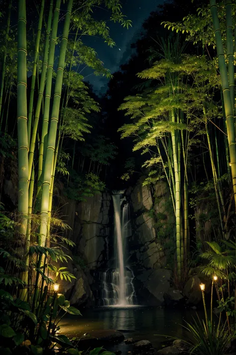 Green bamboo tree, other worldly landscape, vivid colors low saturation, detailed plants, vast waterfall, flowers. twilight. fireflies.