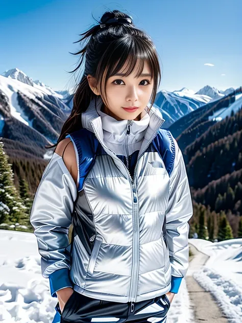 very detailed、masterpiece、Ski Resort Background、a woman in a (white down vest at northface):1.3, white jacket and black pants posing for a picture, model is wearing techtical vest, sportswear, sportswear, かわいいsportswear, nanocarbon-vest, white!!, white coa...