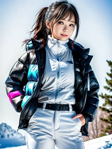 very detailed、masterpiece、Ski Resort Background、a woman in a (white down vest at northface):1.3, white jacket and black pants posing for a picture, model is wearing techtical vest, sportswear, sportswear, かわいいsportswear, nanocarbon-vest, white!!, white coa...