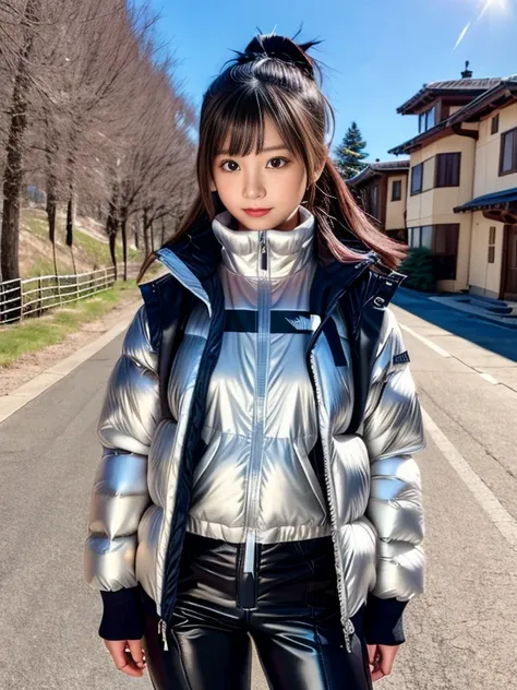 very detailed、masterpiece、Ski Resort Background、a woman in a (white down vest at northface):1.4, white puffer vest and black pants posing for a picture, model is wearing techtical vest, sportswear, sportswear, かわいいsportswear, nanocarbon-vest,headphone, whi...