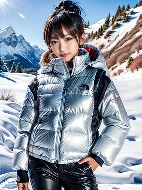 very detailed、masterpiece、Ski Resort Background、a woman in a (white down vest at northface):1.4, white puffer vest and black pants posing for a picture, model is wearing techtical vest, sportswear, sportswear, かわいいsportswear, nanocarbon-vest, white!!, whit...