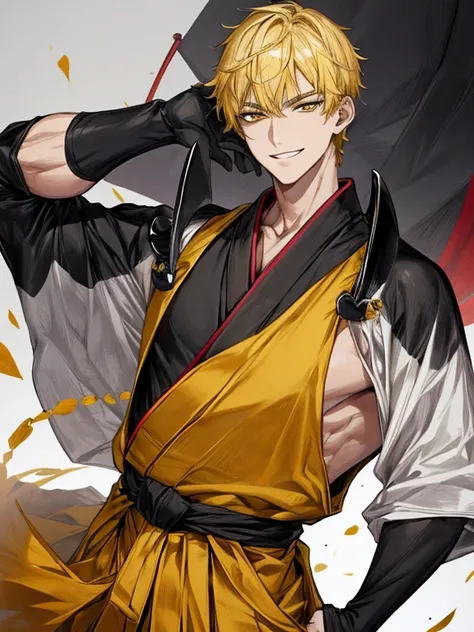 extremely detailed, 1 man, solo, perfect face, pretty face, highly detailed face，yellow short hair, yellow eyebrows、Handsome man with expressive eyes, smiling, yellow eyes、(((Black Hakama)))、(muste piece), (best quality)、