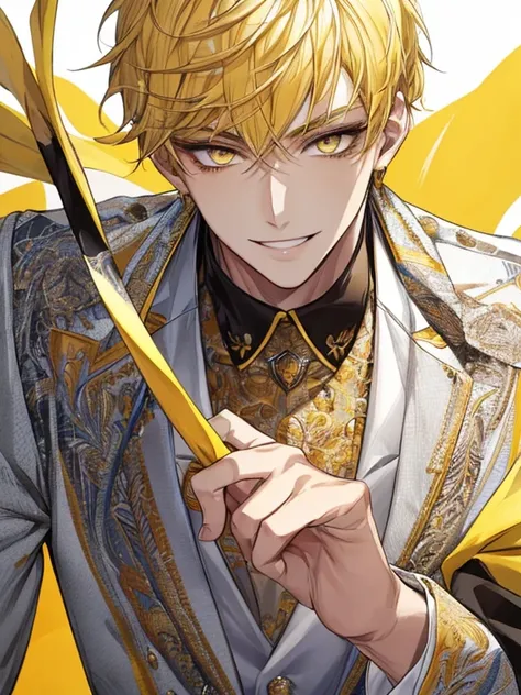 extremely detailed, 1 man, solo, perfect face, pretty face, highly detailed face，yellow short hair, yellow eyebrows、Handsome man with expressive eyes, smiling, yellow eyes、(((Idol)))、(muste piece), (best quality)、model pose