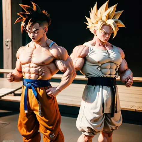 Goku im zerrissenen Karate Anzug, goku carries a karate gi barefoot, muscular physique, goku Power Bodybuilding,Huge muscular biceps, breite, muscular shoulders, Bauchmuskeln, Abs, Her big muscles rip through her karate gi, Full body image, Meisterwerk, Hi...