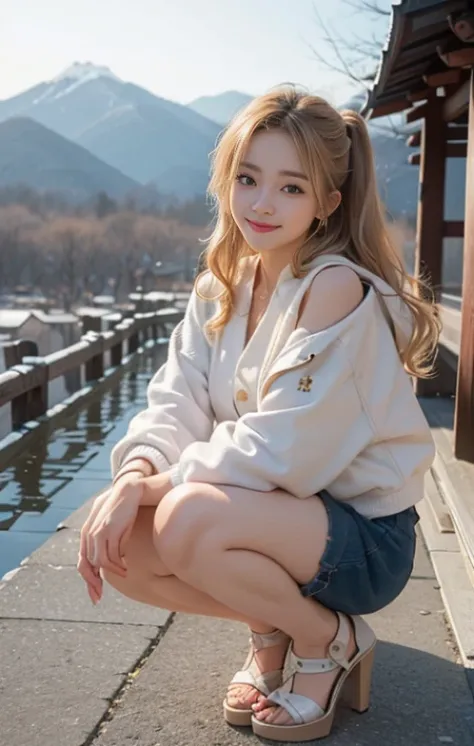 highest quality、masterpiece、ultra high resolution、Photoreal、RAW photo、1 girl、sexy look、shoulder hair、The lower half is curled and sauvage、cute smile like a model、frontage、Hair color is blonde、Tight mini skirt in yellow、Ordinary high heels、eyes are double、w...