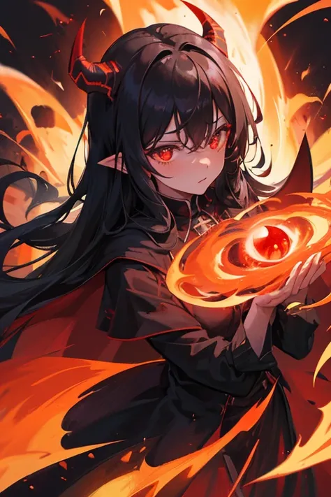 woman demon, raging fury, long black hair, black dress, black cape, burning village, long horns, red glowing eyes