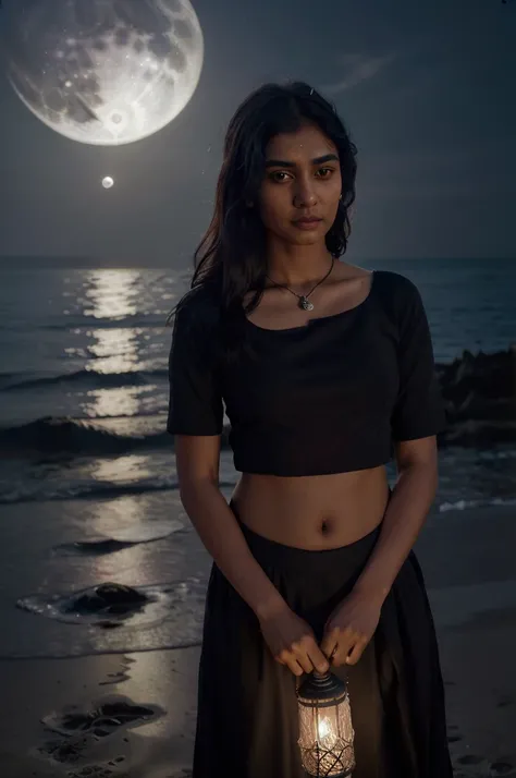 (an)indian girl holding kerosene lamp,black clothes, standing on beach on sea,night sky full moon,wolves howling in background,(hot,seductive),(best quality,4k,8k,highres,masterpiece:1.2),ultra-detailed,(realistic,photorealistic,photo-realistic:1.37),vivid...