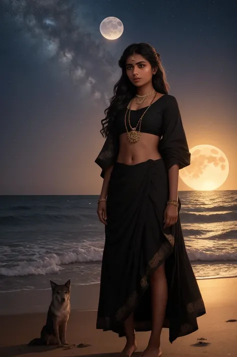 An Indian girl, clad in black clothes, stands on the beach with the night sky full of a glowing moon above. The waves crash gently against the shore, while in the distance, wolves howl, adding an intriguing and captivating atmosphere to the scene. The girl...